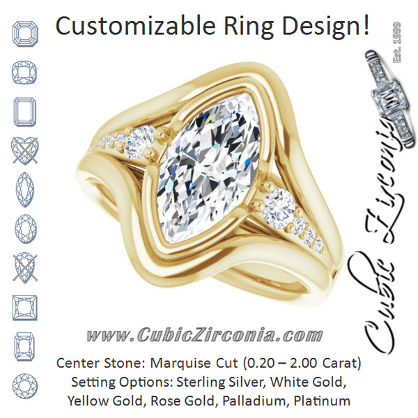 Cubic Zirconia Engagement Ring- The Naira (Customizable 9-stone Marquise Cut Design with Bezel Center, Wide Band and Round Prong Side Stones)