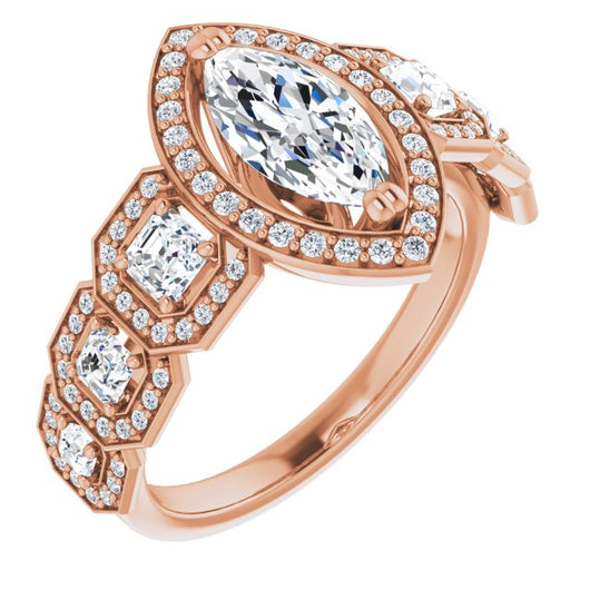 10K Rose Gold Customizable Cathedral-Halo Marquise Cut Design with Six Halo-surrounded Asscher Cut Accents and Ultra-wide Band