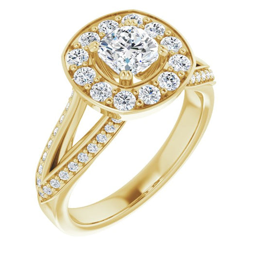 10K Yellow Gold Customizable Cushion Cut Center with Large-Accented Halo and Split Shared Prong Band