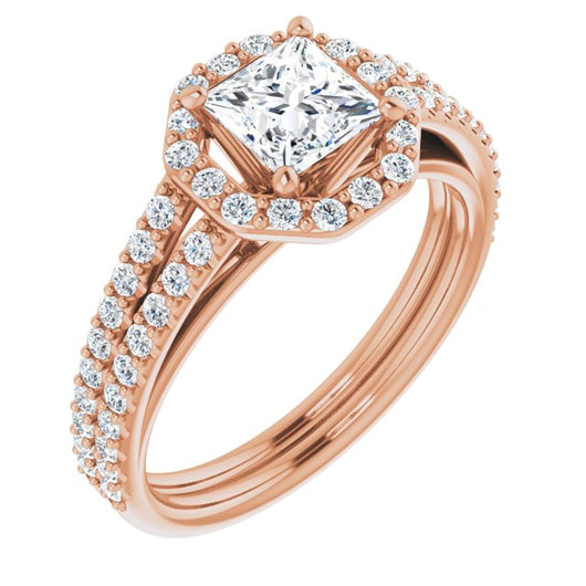 10K Rose Gold Customizable Cathedral Princess/Square Cut Design with Geometric Halo & Split Pavé Band