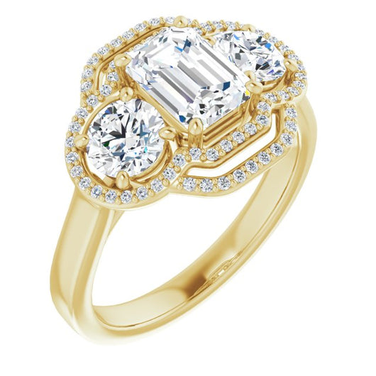 10K Yellow Gold Customizable Cathedral-set Enhanced 3-stone Emerald/Radiant Cut Design with Multidirectional Halo