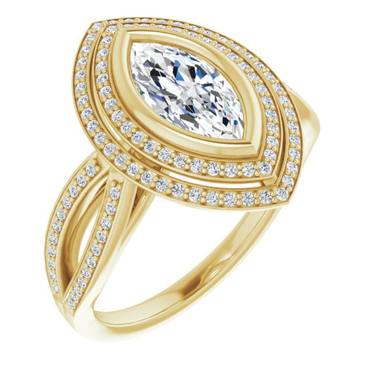 10K Yellow Gold Customizable Bezel-set Marquise Cut Style with Double Halo and Split Shared Prong Band