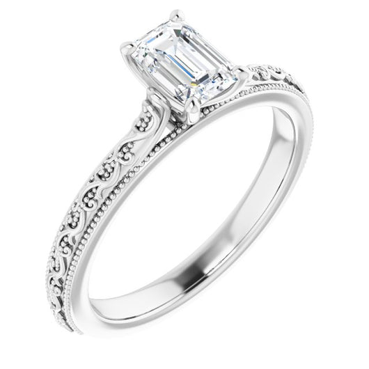 10K White Gold Customizable Emerald/Radiant Cut Solitaire with Delicate Milgrain Filigree Band