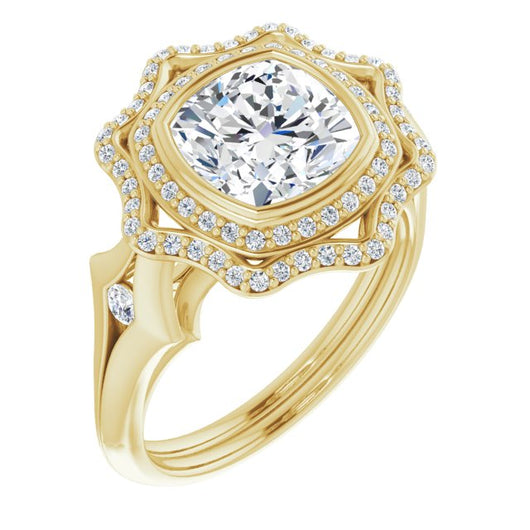 10K Yellow Gold Customizable Cathedral-bezel Cushion Cut Design with Floral Double Halo and Channel-Accented Split Band