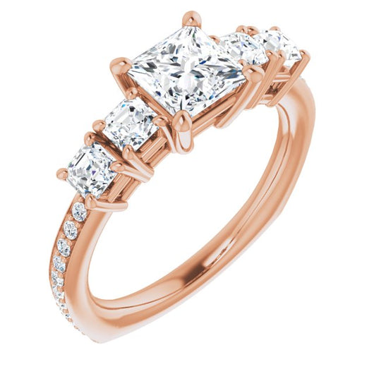 10K Rose Gold Customizable Princess/Square Cut 5-stone Style with Quad Princess/Square Accents plus Shared Prong Band