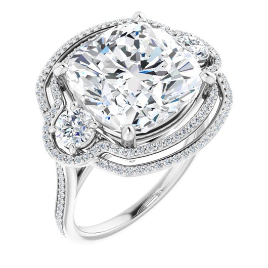 10K White Gold Customizable Enhanced 3-stone Double-Halo Style with Cushion Cut Center and Thin Band