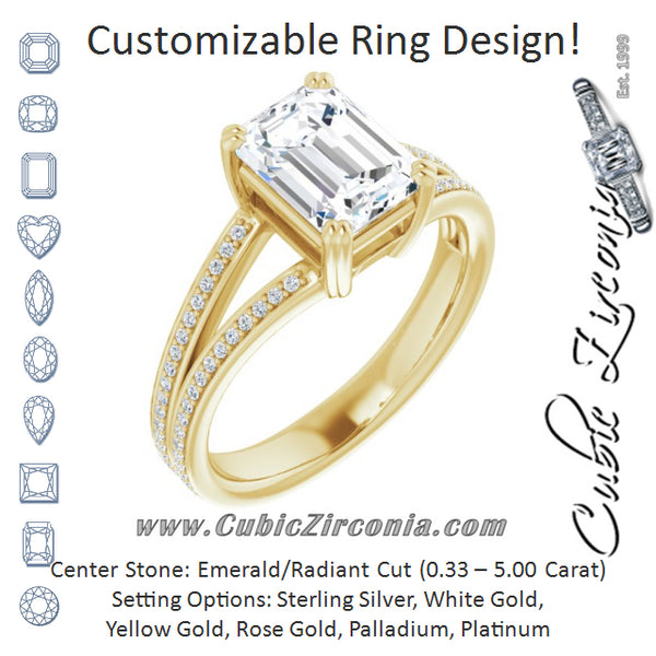 Cubic Zirconia Engagement Ring- The Carlotta (Customizable Emerald Cut Center with 100-stone* "Waterfall" Pavé Split Band)