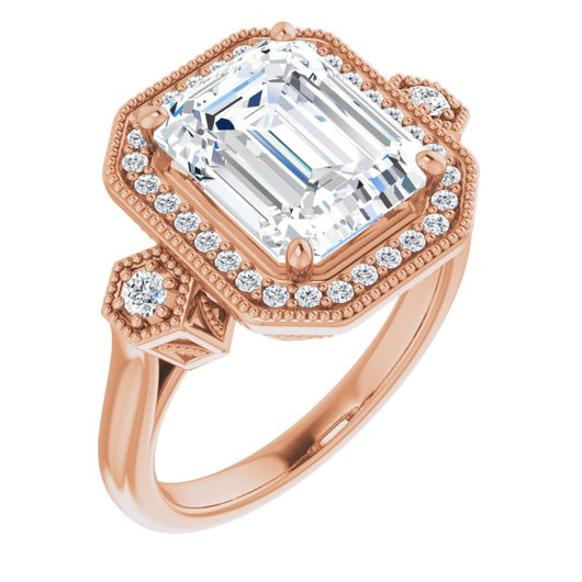 10K Rose Gold Customizable Cathedral Emerald/Radiant Cut Design with Halo and Delicate Milgrain