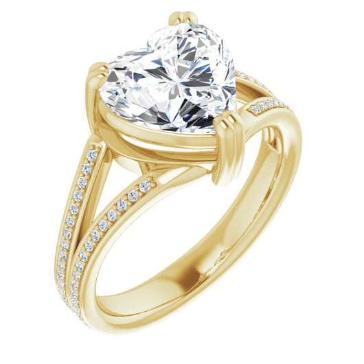 10K Yellow Gold Customizable Heart Cut Center with 100-stone* "Waterfall" Pavé Split Band