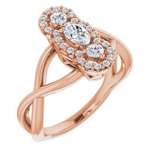 10K Rose Gold Customizable Vertical 3-stone Oval Cut Design Enhanced with Multi-Halo Accents and Twisted Band