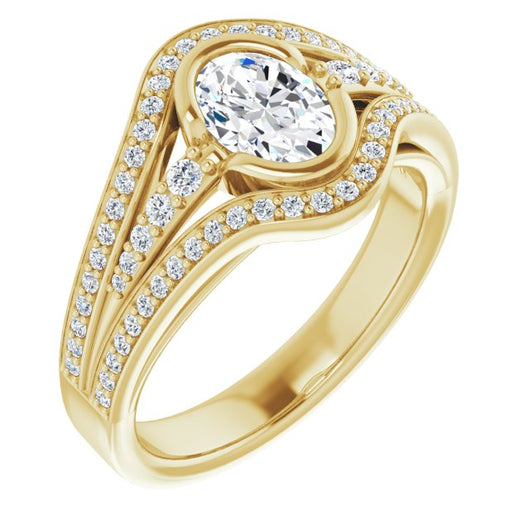 10K Yellow Gold Customizable Cathedral-Bezel Oval Cut Design with Wide Triple-Split-Pavé Band