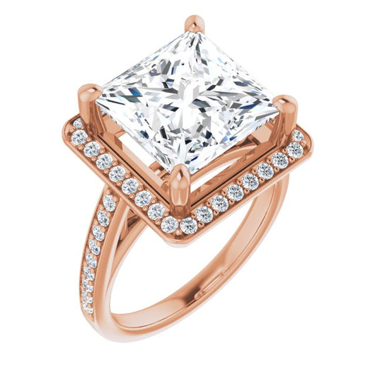 10K Rose Gold Customizable Princess/Square Cut Style with Halo and Sculptural Trellis