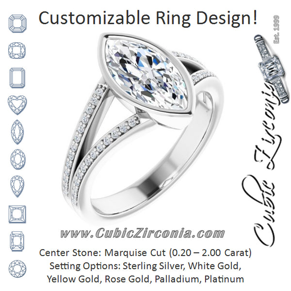 Cubic Zirconia Engagement Ring- The Jenni Lou (Customizable Bezel-set Marquise Cut Design with Split Shared Prong Band)