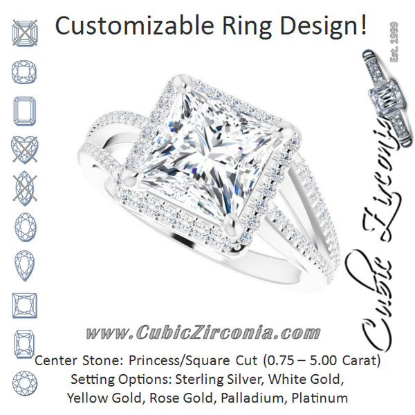 Cubic Zirconia Engagement Ring- The Claudette (Customizable Princess/Square Cut Vintage Design with Halo Style and Asymmetrical Split-Pavé Band)