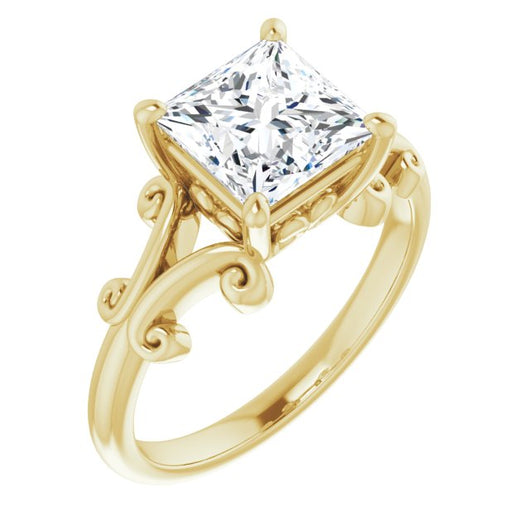 10K Yellow Gold Customizable Princess/Square Cut Solitaire with Band Flourish and Decorative Trellis