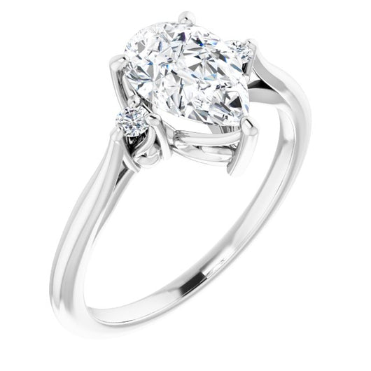 10K White Gold Customizable Three-stone Pear Cut Design with Small Round Accents and Vintage Trellis/Basket