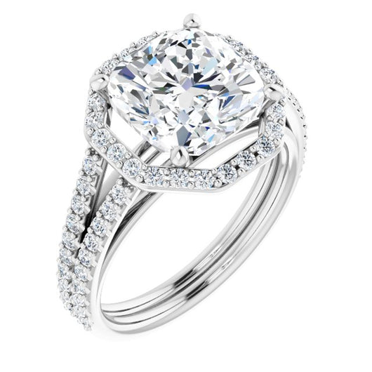 10K White Gold Customizable Cathedral Cushion Cut Design with Geometric Halo & Split Pavé Band