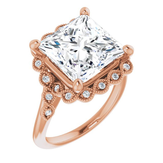 10K Rose Gold Customizable 3-stone Design with Princess/Square Cut Center and Halo Enhancement