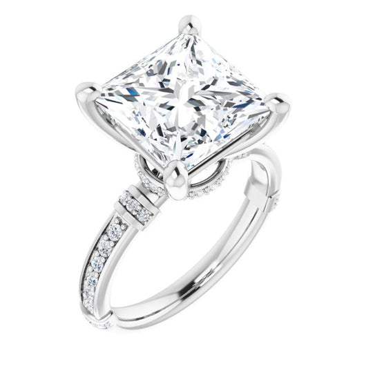 10K White Gold Customizable Princess/Square Cut Style featuring Under-Halo, Shared Prong and Quad Horizontal Band Accents