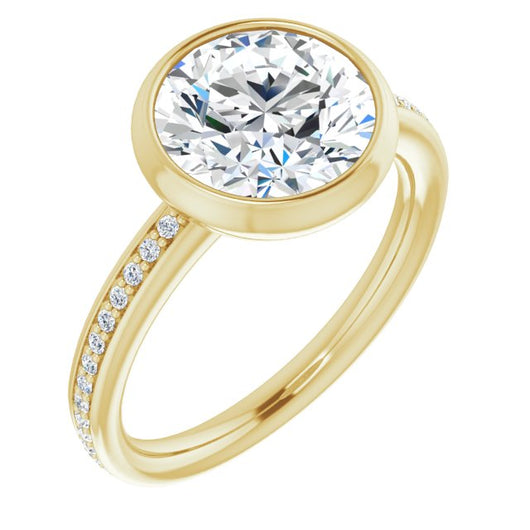 14K Yellow Gold Customizable Bezel-Set Round Cut Center with Thin Shared Prong Band