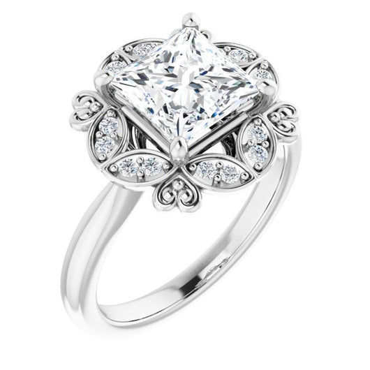 10K White Gold Customizable Princess/Square Cut Design with Floral Segmented Halo & Sculptural Basket