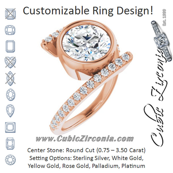 Cubic Zirconia Engagement Ring- The Pocahontas (Customizable Bezel-set Round Cut Design with Bypass Pavé Band)