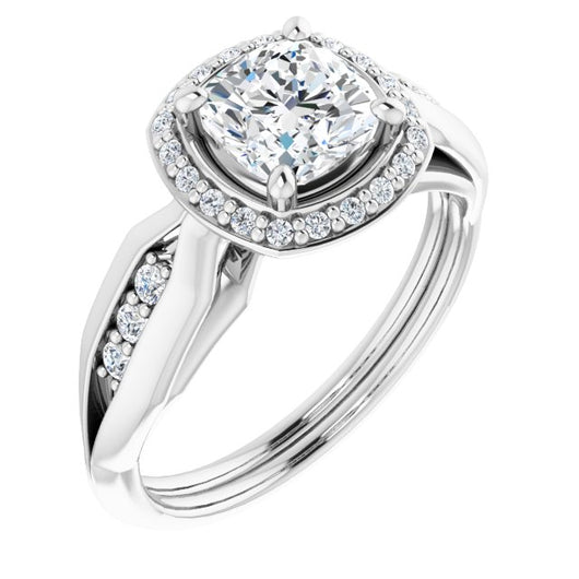 10K White Gold Customizable Cathedral-raised Cushion Cut Design with Halo and Tri-Cluster Band Accents