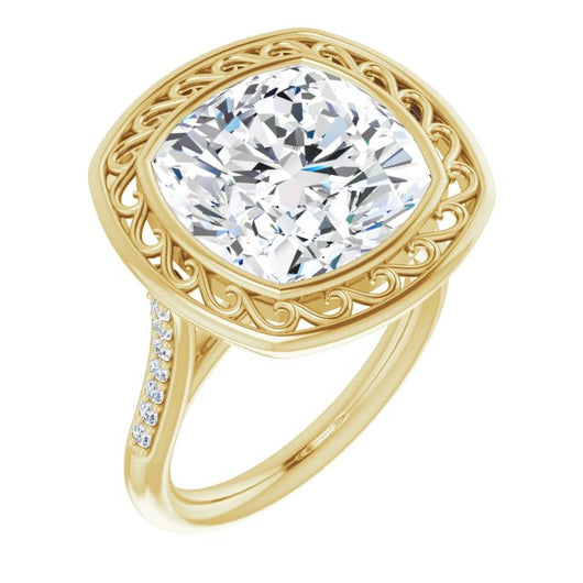 10K Yellow Gold Customizable Cathedral-Bezel Cushion Cut Design with Floral Filigree and Thin Shared Prong Band