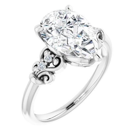 10K White Gold Customizable Vintage 5-stone Design with Pear Cut Center and Artistic Band Décor