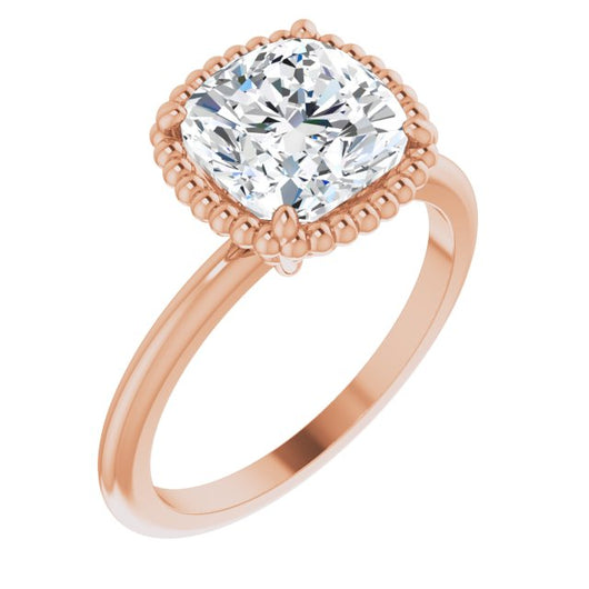 10K Rose Gold Customizable Cushion Cut Solitaire with Beaded Metallic Milgrain