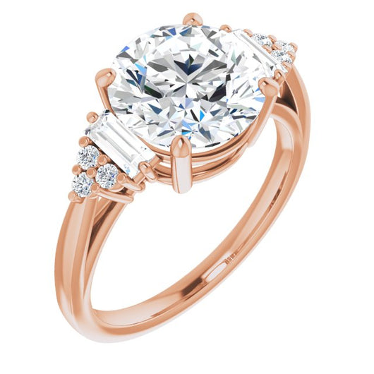 10K Rose Gold Customizable 9-stone Design with Round Cut Center, Side Baguettes and Tri-Cluster Round Accents