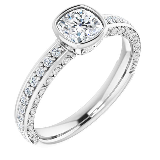 10K White Gold Customizable Bezel-set Cushion Cut Design with Cloud-pattern Band & Semi-Eternity Accents