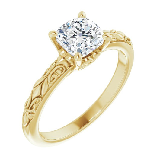 10K Yellow Gold Customizable Cushion Cut Solitaire featuring Delicate Metal Scrollwork