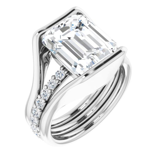 10K White Gold Customizable Bezel-set Emerald/Radiant Cut Style with Thick Pavé Band