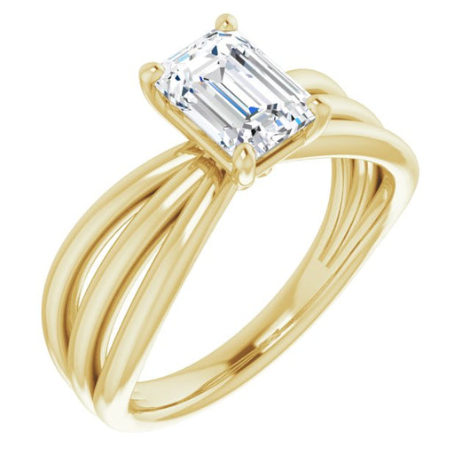 10K Yellow Gold Customizable Emerald/Radiant Cut Solitaire Design with Wide, Ribboned Split-band