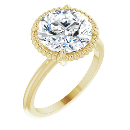 10K Yellow Gold Customizable Round Cut Solitaire with Beaded Metallic Milgrain