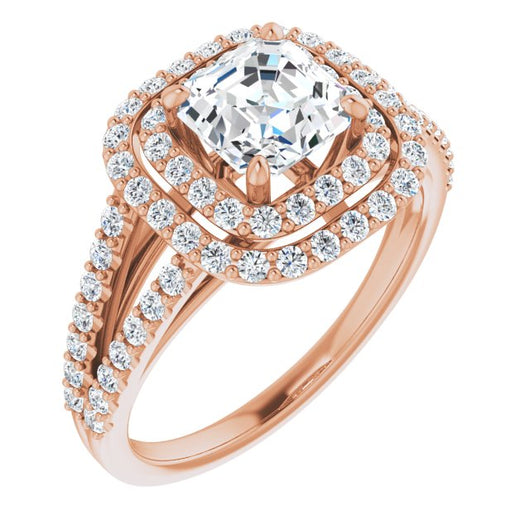 10K Rose Gold Customizable Asscher Cut Design with Double Halo and Wide Split-Pavé Band