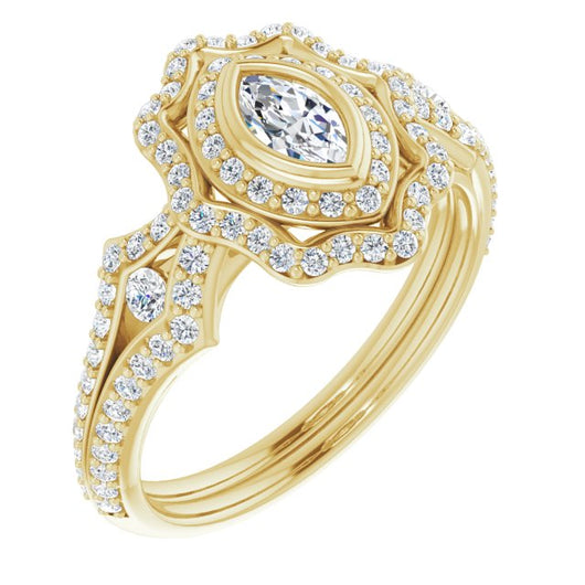 10K Yellow Gold Customizable Marquise Cut Style with Ultra-wide Pavé Split-Band and Nature-Inspired Double Halo