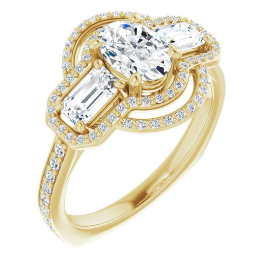 10K Yellow Gold Customizable Enhanced 3-stone Style with Oval Cut Center, Emerald Cut Accents, Double Halo and Thin Shared Prong Band