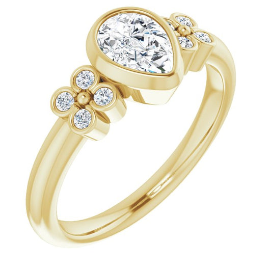 10K Yellow Gold Customizable 9-stone Bezel-set Pear Cut Design with Quad Round Bezel Side Stones Each Side