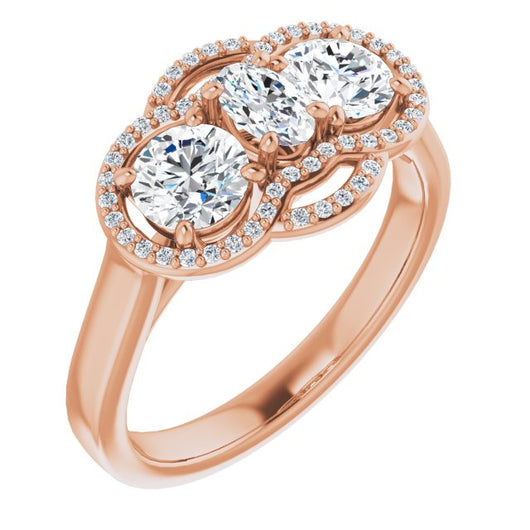 10K Rose Gold Customizable Cathedral-set Enhanced 3-stone Oval Cut Design with Multidirectional Halo