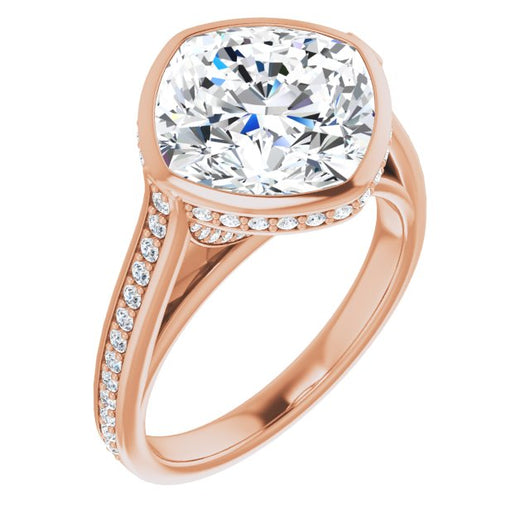 10K Rose Gold Customizable Cathedral-Bezel Cushion Cut Design with Under Halo and Shared Prong Band