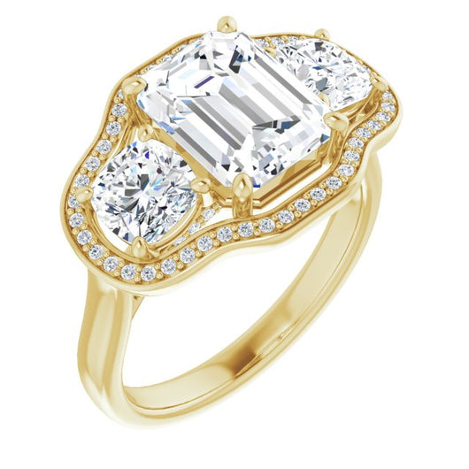 10K Yellow Gold Customizable 3-stone Design with Emerald/Radiant Cut Center, Cushion Side Stones, Triple Halo and Bridge Under-halo