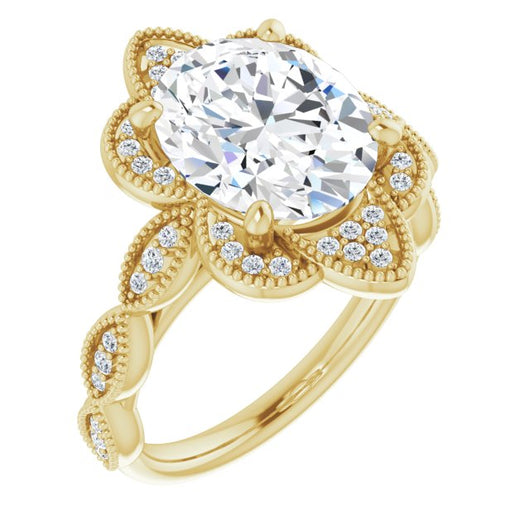 10K Yellow Gold Customizable Cathedral-style Oval Cut Design with Floral Segmented Halo & Milgrain+Accents Band