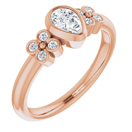 10K Rose Gold Customizable 9-stone Bezel-set Pear Cut Design with Quad Round Bezel Side Stones Each Side