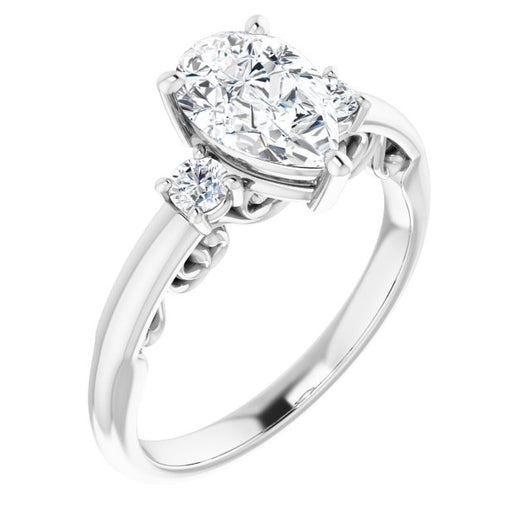 10K White Gold Customizable Pear Cut 3-stone Style featuring Heart-Motif Band Enhancement