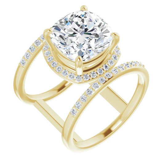 10K Yellow Gold Customizable Cushion Cut Halo Design with Open, Ultrawide Harness Double Pavé Band