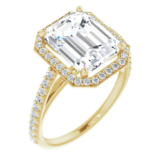 10K Yellow Gold Customizable Emerald/Radiant Cut Design with Halo and Thin Pavé Band