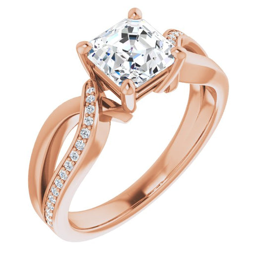 10K Rose Gold Customizable Asscher Cut Center with Curving Split-Band featuring One Shared Prong Leg