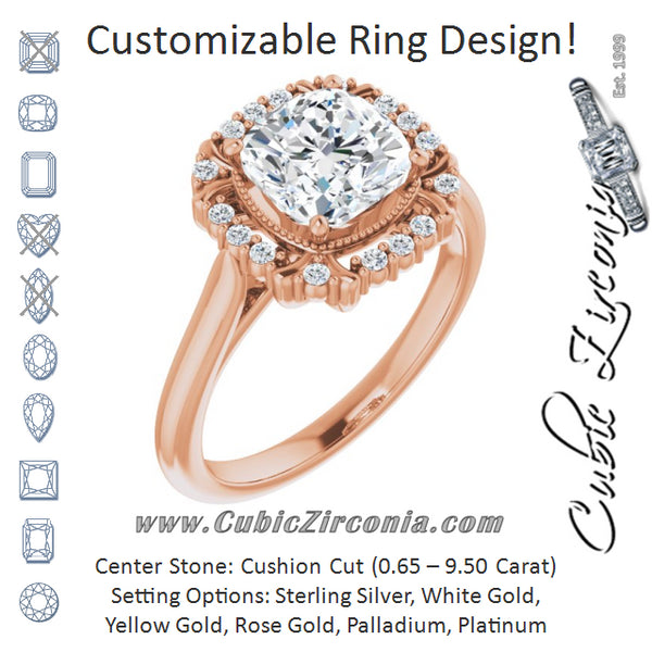 Cubic Zirconia Engagement Ring- The Sana (Customizable Cushion Cut Design with Majestic Crown Halo and Raised Illusion Setting)